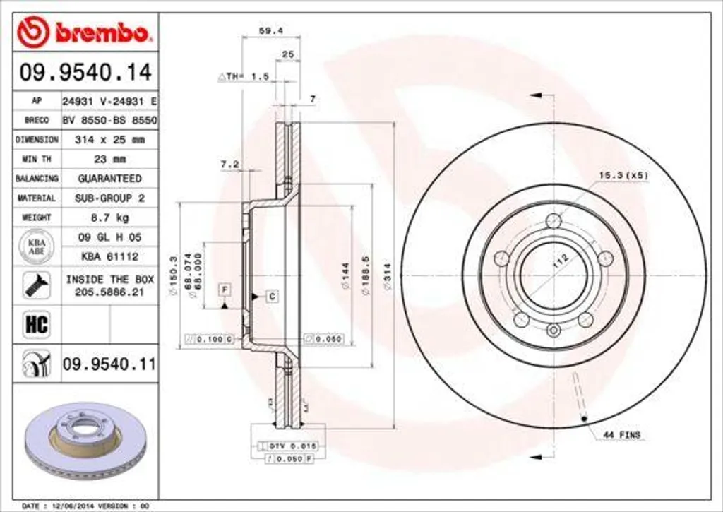 Brembo 09.9540.11 Disque de Frein Avant pour Audi A6 4F - OE 4F0615301D