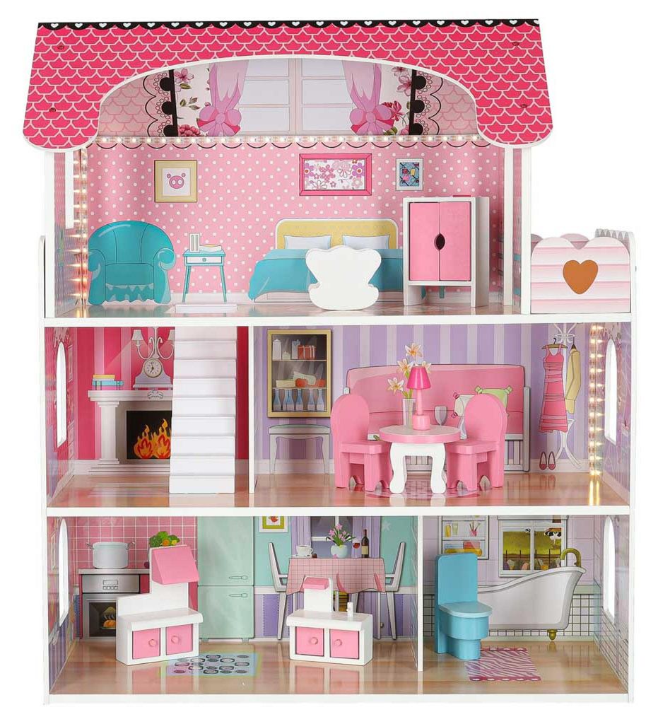 Casa delle bambole in legno MDF + mobili LED rosa da 70 cm Immagine del prodotto 