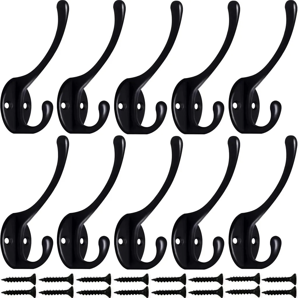 Lot de 10 Patères Vintage Noir avec Crochet Mural Double pour Manteaux