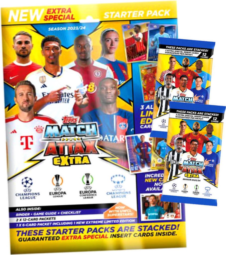 Topps Match Attax Karten Champions League Extra 2023-2024 - 1 Starter + 2 Booster Sammelkarten
