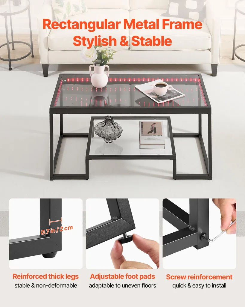 Table Basse Design avec Éclairage LED et Double Plateau Verre Noir - 6