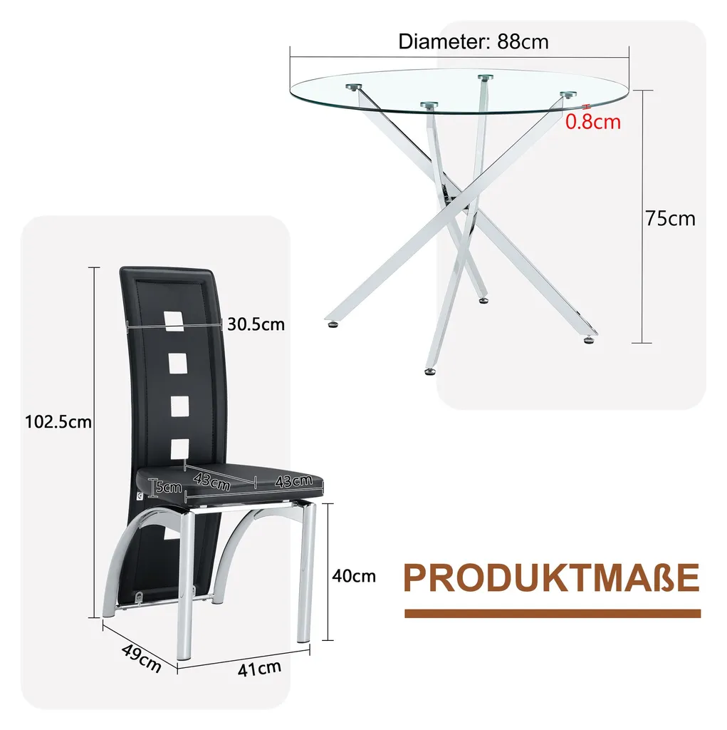 Ensemble table à manger 2 chaises noires design moderne en verre 88cm - 4