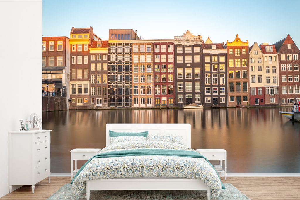 MuchoWow Fototapete für Wohnzimmer oder Schlafzimmer Wandtapete Vinyl Motivtapete Grachtenhäuser in Amsterdam unter blauem Himmel - 600x400 cm ...