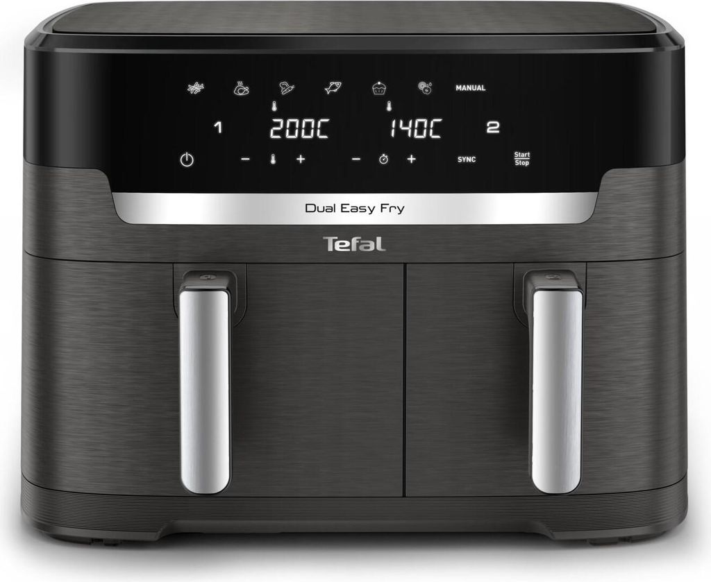 A front view of a Tefal Dual Easy Fry air fryer on a white background.