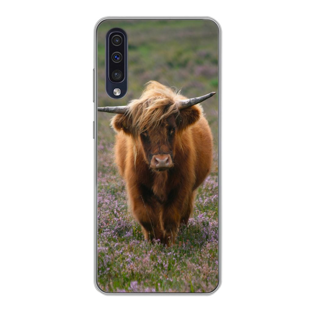 MuchoWow Handyhülle Schutzhülle Hülle für Samsung Galaxy A30s Schottische Hochlandbewohner - Heidelandschaft - Tiere Silikon Softcase Handy H...