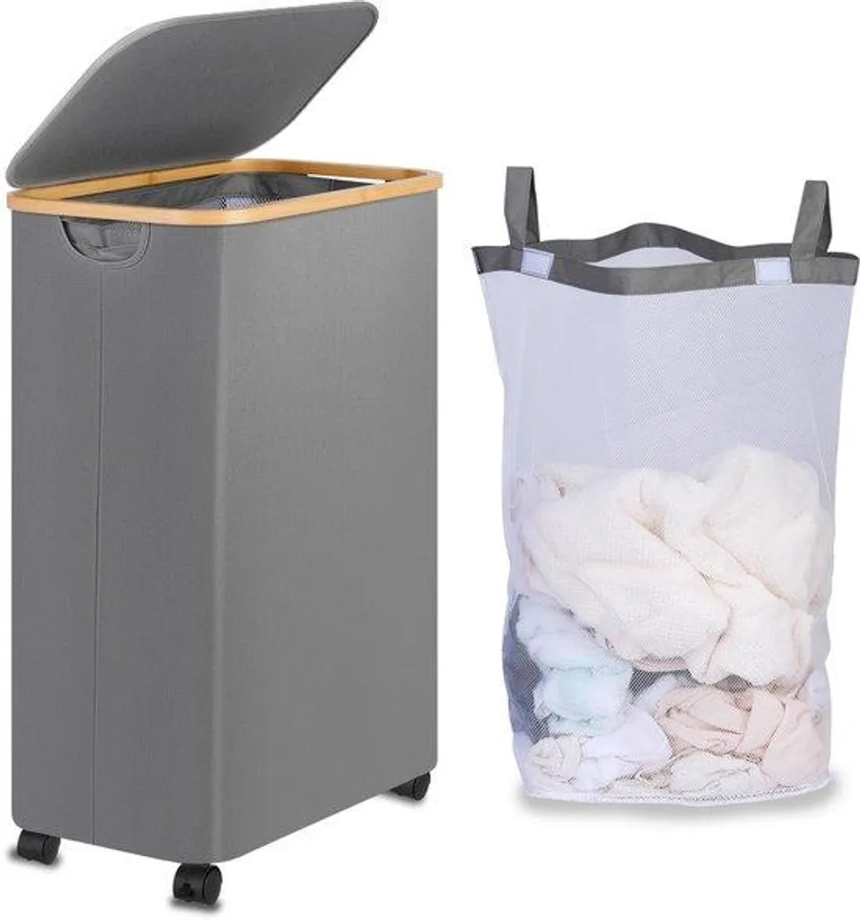 Grand bac à linge 110L sur roulettes, gris avec poignée bambou design