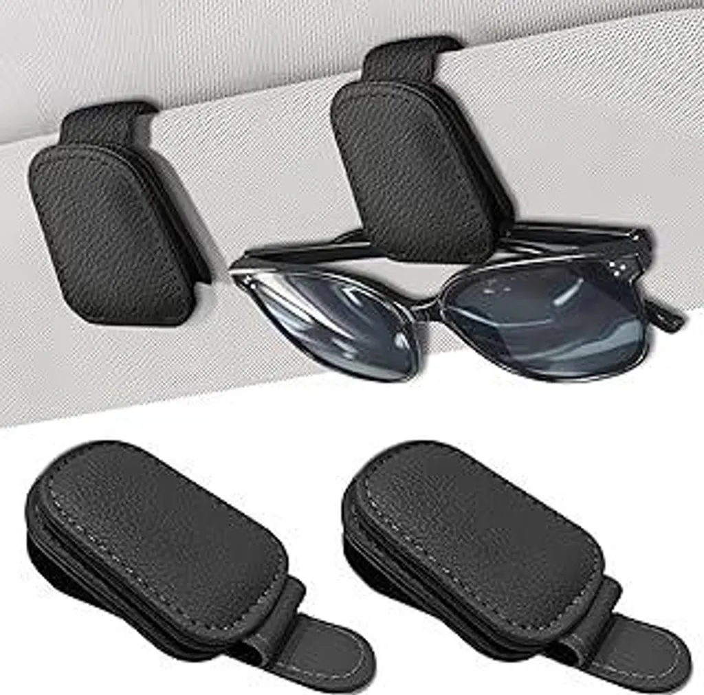 Clip Magnetica Occhiali Auto in Pelle Nera - Accessorio Visiera 2pz