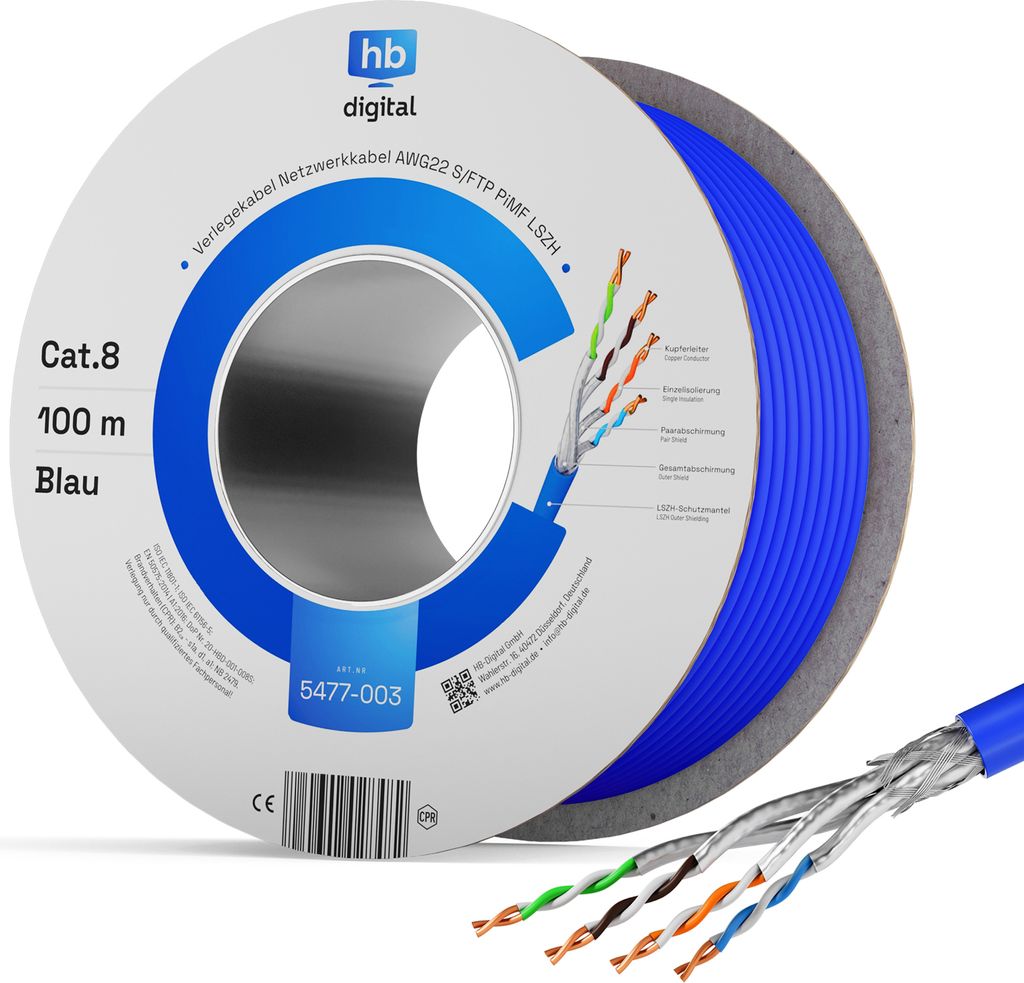 hb-digital CAT 8 Netzwerkkabel 100m Ethernet max. 2000 MHz S/FTP AWG22 LSZH blau