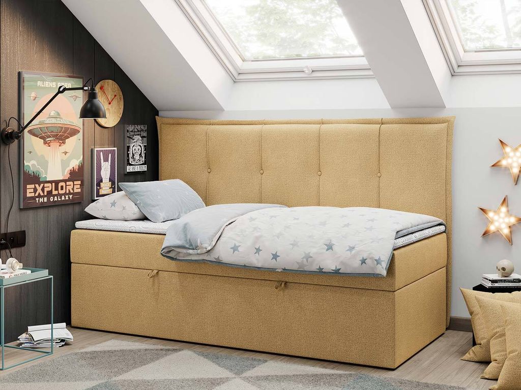 Boxspringbetten für Kinderzimmer, Jugendbett mit Matratze - BANCO - 90x200cm - Gelb - H3