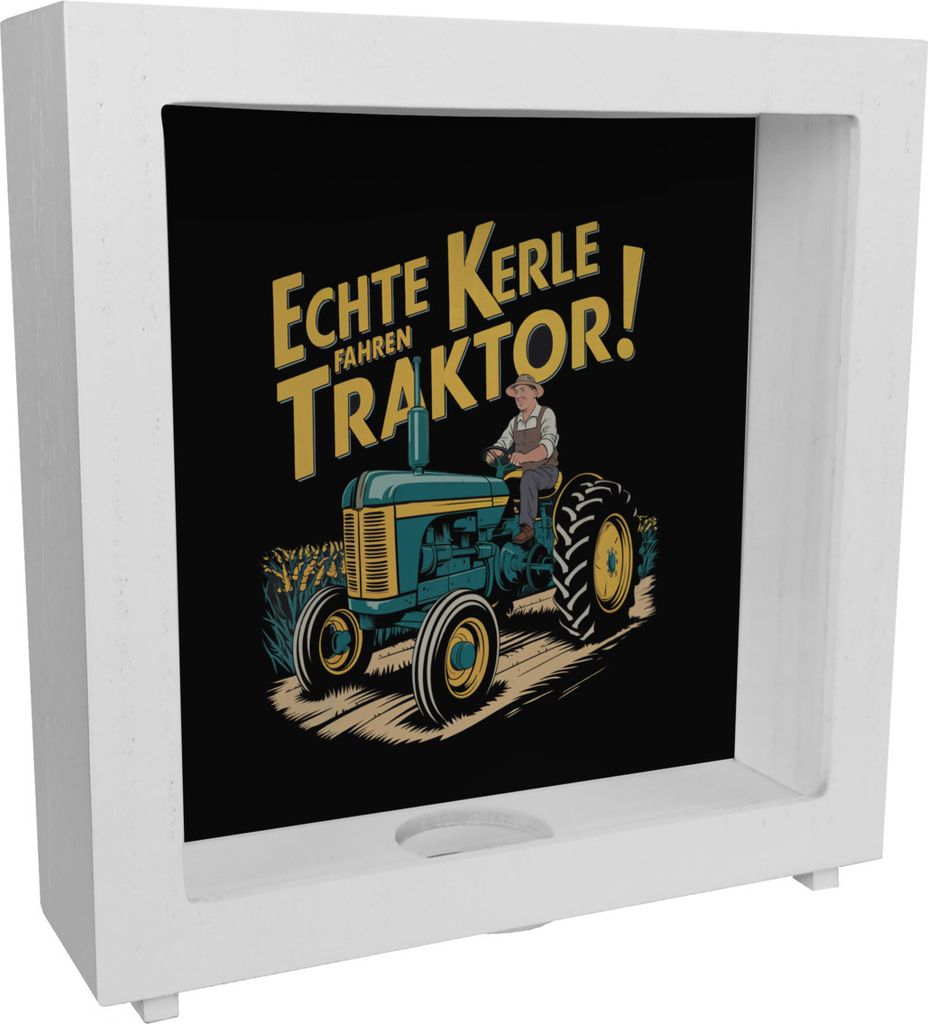 Bauer auf grünem Traktor - Echte Kerle fahren Traktor Rahmen Spardose aus Holz