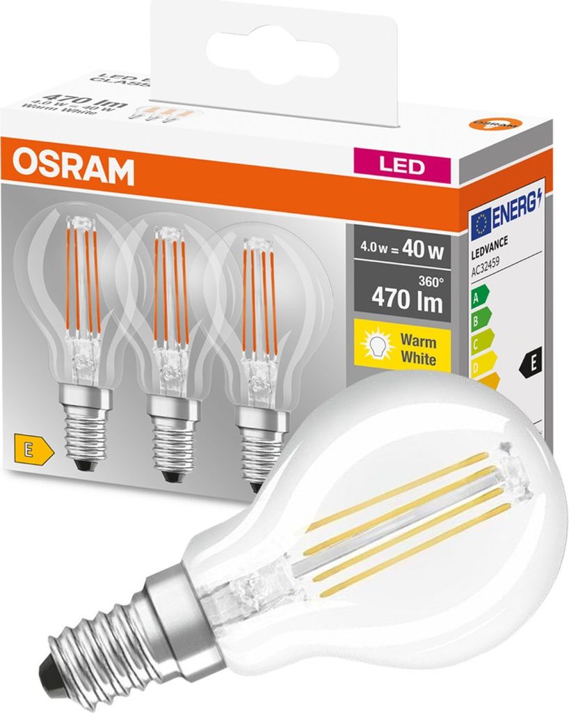 OSRAM LED Filament Tropfen E14 4W 470lm 2.700K klar 3er Produktbild 