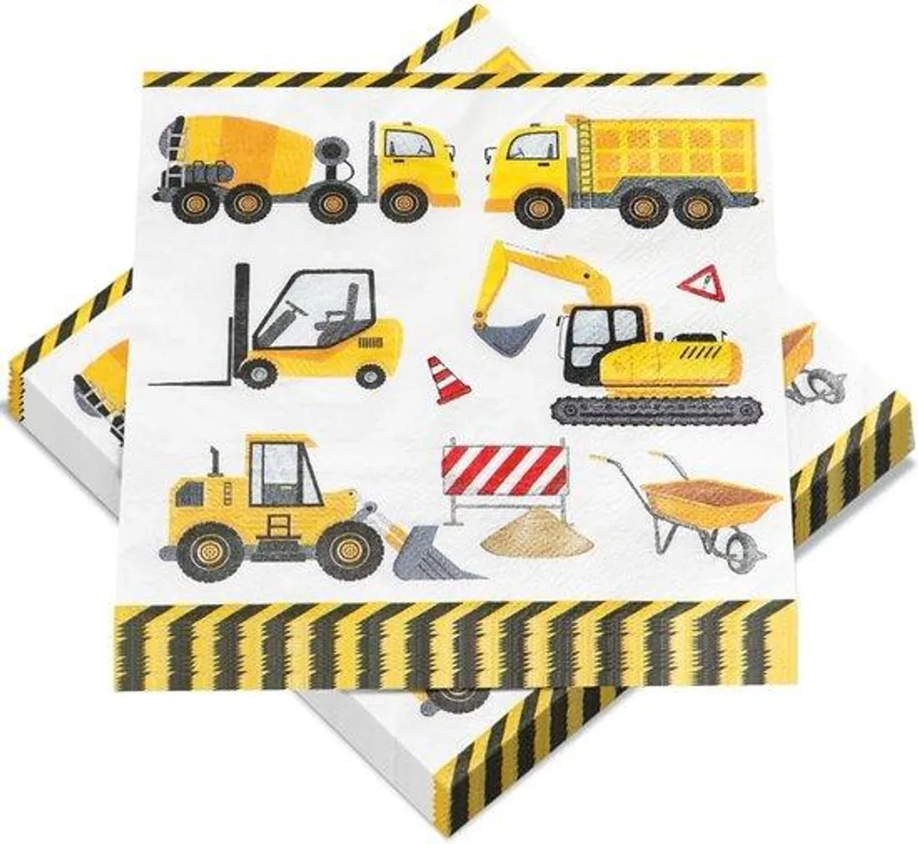 Serviettes de table pour fête enfant thème chantier avec pelleteuse 33cm