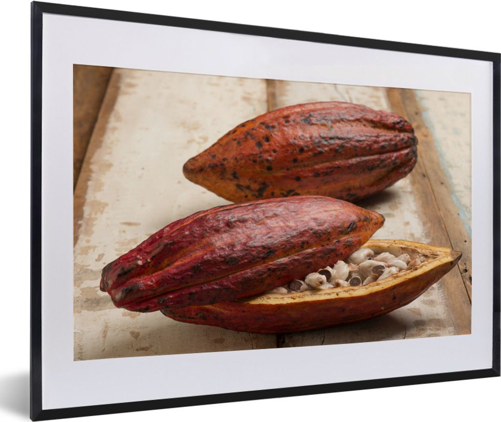 MuchoWow MuchoWow Gerahmtes Poster Tropische Kakaobohnenschote auf einem Holztisch 60x40 cm - Poster mit zchwarzem Bilderrahmen - Schlafzimmer ...