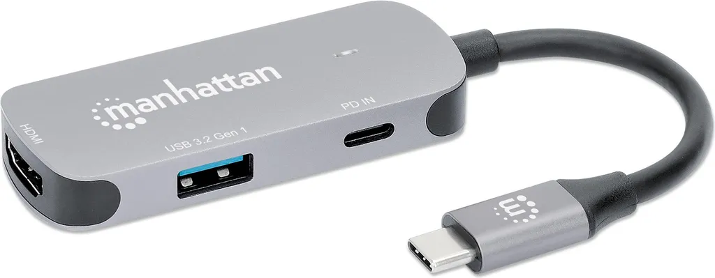 Adattatore Multiporta Manhattan USB-C a HDMI 4K60Hz 3-in-1 Grigio