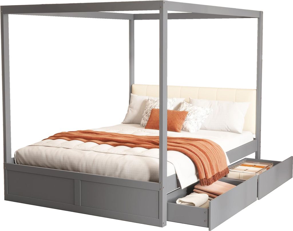 Fortuna Lai Himmelbett140*200 cm mit großen Schubladen und weicher Rückenlehne, Holz bett Grau