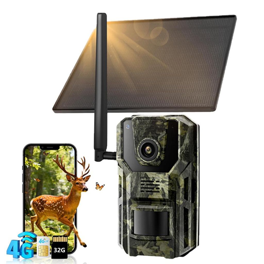 4G LTE Wildkamera mit App & Bewegungsmelder 2K Solar Überwachungskamera Aussen mit SIM Karte 7800mAh Akku Alarm-Push in Echtzeit AI Erkennung mit 32G
