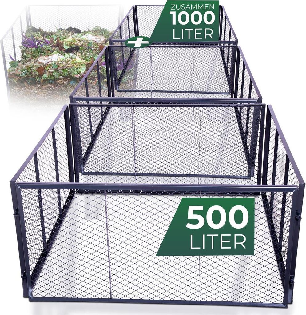 Novatool 2x Garten-Komposter Metall 500L+1000L, mit erweiterbarem Stecksytem, pulverbeschichteter Metallkomposter, Kompost Kompostgitter Box Silo K...