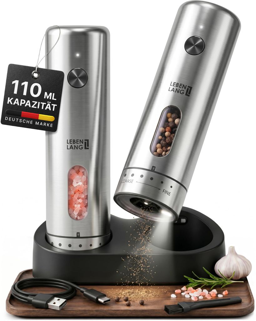 LEBENLANG Salz und Pfeffermühle Elektrisch 2er Set - 110ml Produktbild 