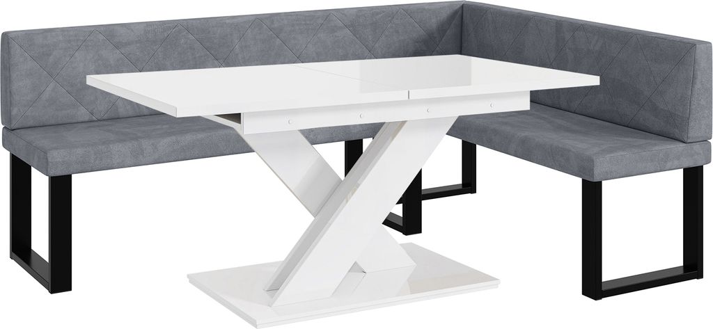 MEBLINI Eckbank für Esszimmer mit ausziehbarem Tisch - Küchenbank - Essecke - Sitzecke Küche - ERIC - U-Beine 142x196x87cm Rechts - Grau Samt/B ...