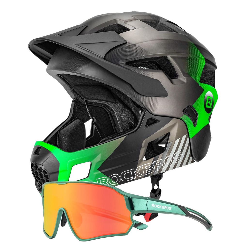 ROCKBROS Set Kinder Fahrradbrille polarisiert UV400 Grün mit Fullface Fahrradhelm 2in1 abnehmbarer Kinnschutz Schwarz titan grün S 48-54 cm