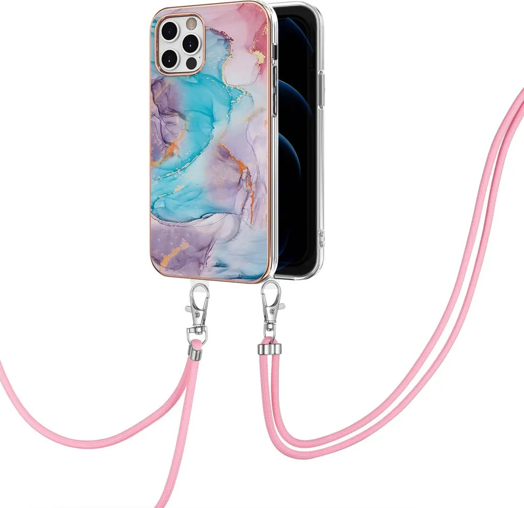 Custodia con cinturino per iPhone 12 Pro Max, custodia in TPU a fantasia con cinturino regolabile blu
