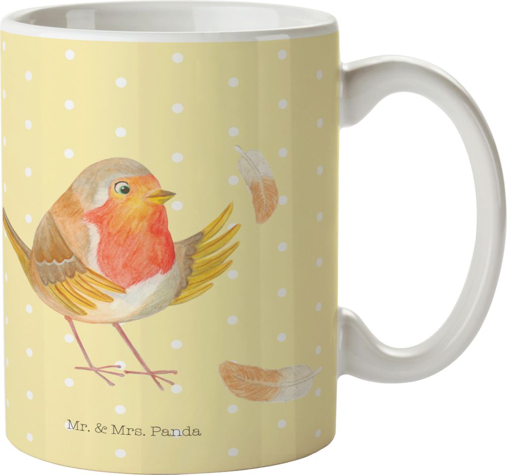 Mr. & Mrs. Panda Kaffeebecher Rotkehlchen Federn - Gelb Pastell - Geschenk, Lustige Sprüche, Tasse, Spruch Motivation, Vogel, Trinkbecher, Motivta...