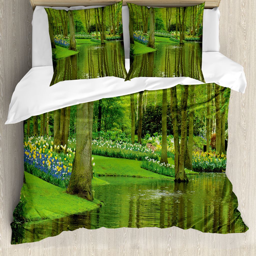 ABAKUHAUS Natur Bettbezug, Wald mit See Botanik, Milbensicher Allergiker geeignet mit Kissenbezügen, 200 cm x 200 cm - 80 x 80 cm, Fern und Lindgrün