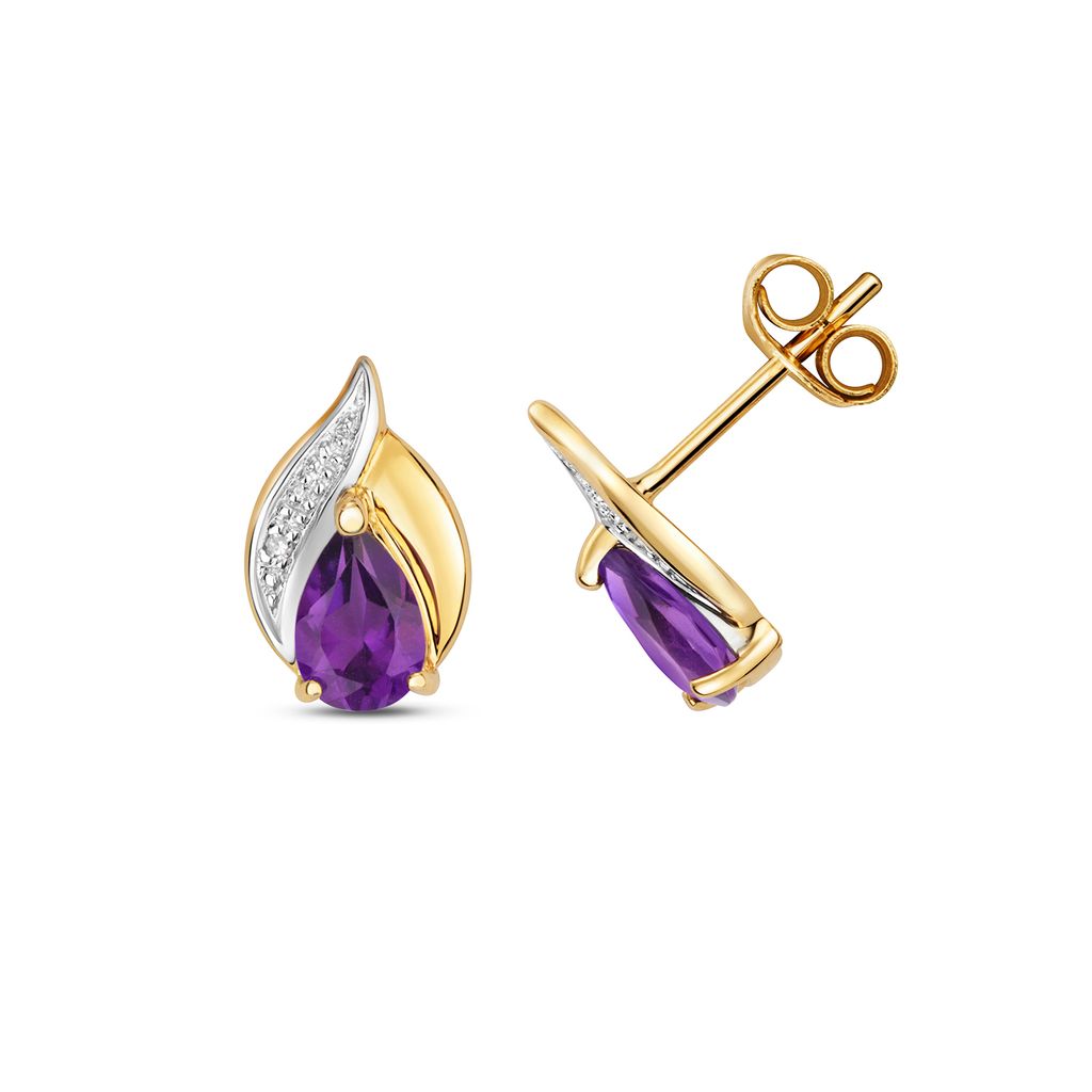 Funkelndes Feuer Raffinierte 9 Karat (375) Gold Diamant Paar Ohrstecker Brillant-Schliff H - PK mit Amethyst - 11mm*7mm; TRS35500