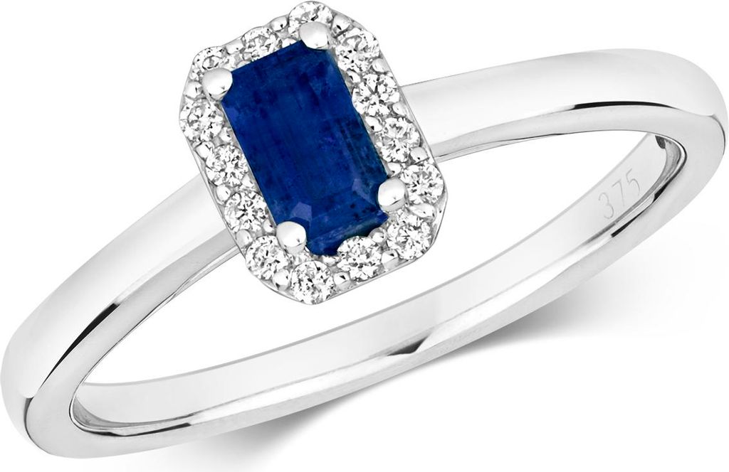 Edler 9 Karat (375) Weißgold Cluster Damen - Diamant Solitärring Brillant-Schliff 0.10 Karat HI - I1 mit Saphir, 57 (18.1); TRS292119KWRSP