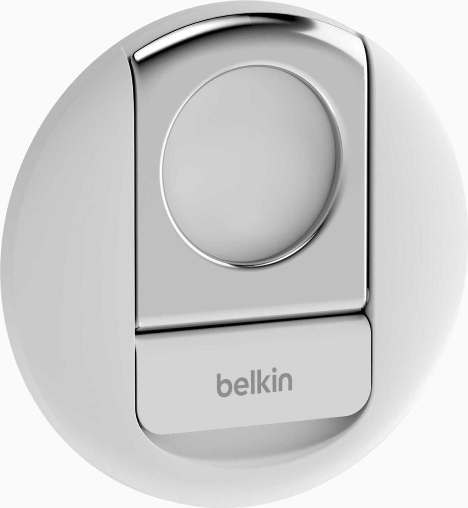 A close-up studio shot of a white and silver Belkin MagSafe iPhone mount for Mac notebooks.