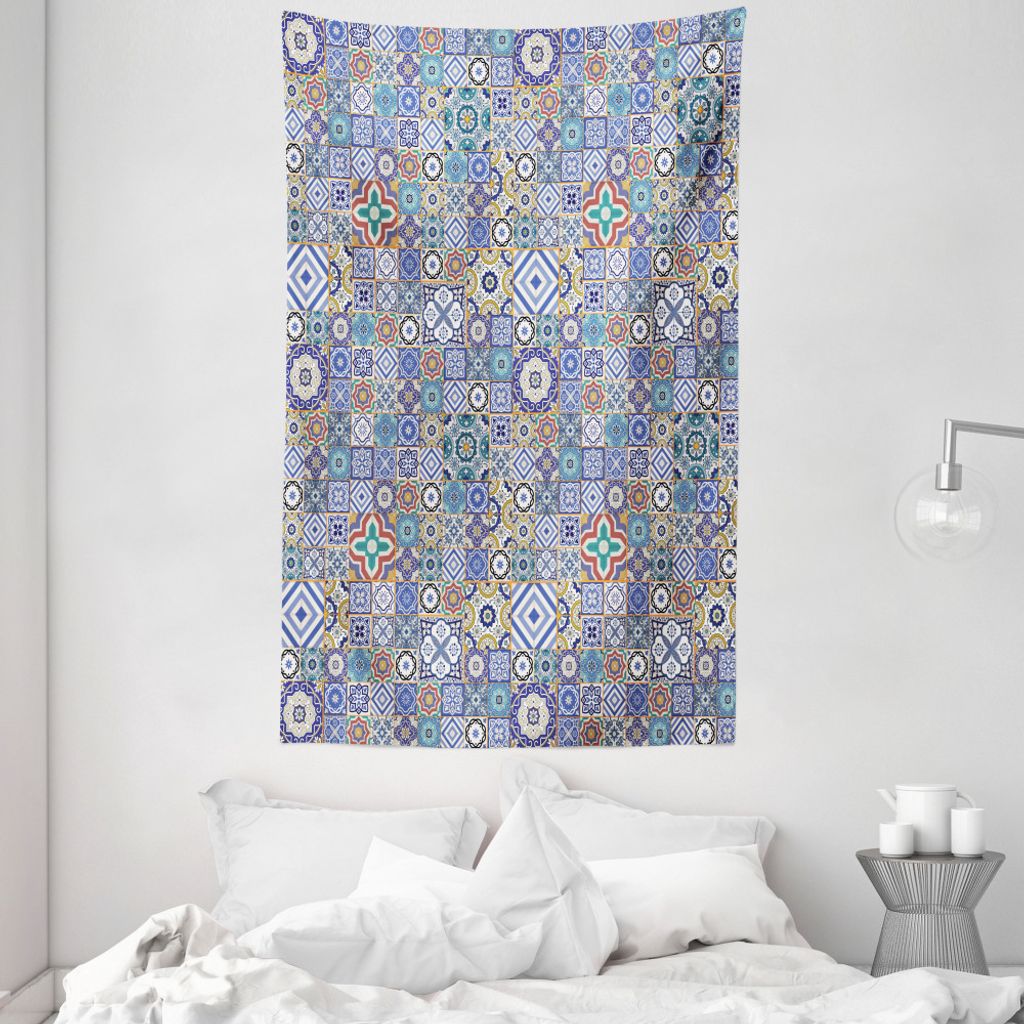 ABAKUHAUS marokkanisch Wandteppich und Tagesdecke, Gitter Quadrat-Muster aus Weiches Mikrofaser Stoff Waschbar ohne Verblassen Digitaldruck, 140 x ...