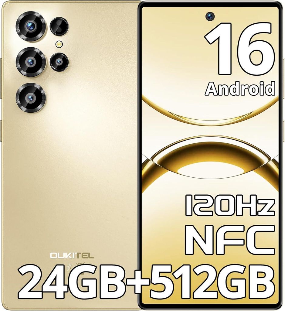 OUKITEL C66 Mobiltelefone – Android 16 4G Smartphone, 6,73" HD+120Hz, 24 GB + 512 GB/1 TB, 64 MP 5000 mAh, NFC/Fingerabdrucksensor/GPS, Gold