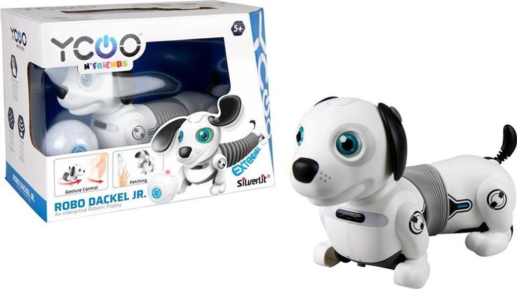 A product shot of a toy robot dog and its packaging.