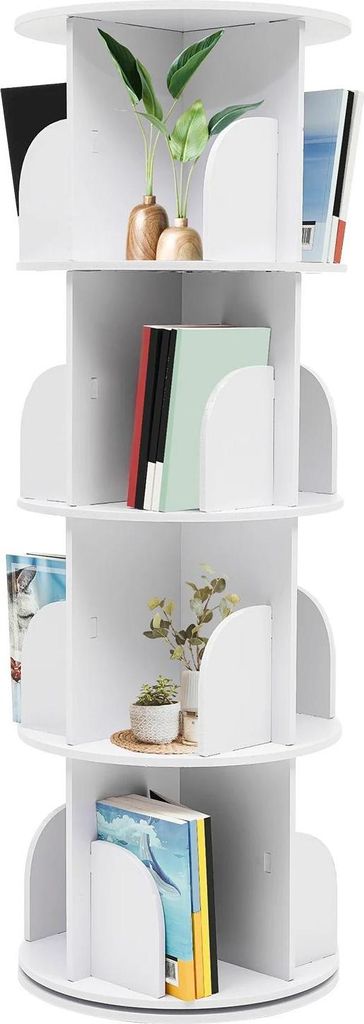 Bücherregal - Drehbar 360° Standregal - 4 Ebenen - Holz - Mit Stauraumfächern - Moderner Stil - Weiß