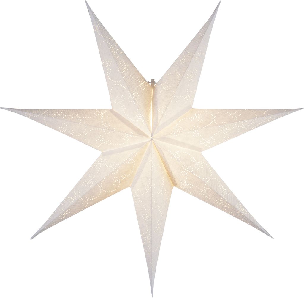A white, seven-pointed paper star lantern with a decorative pattern.