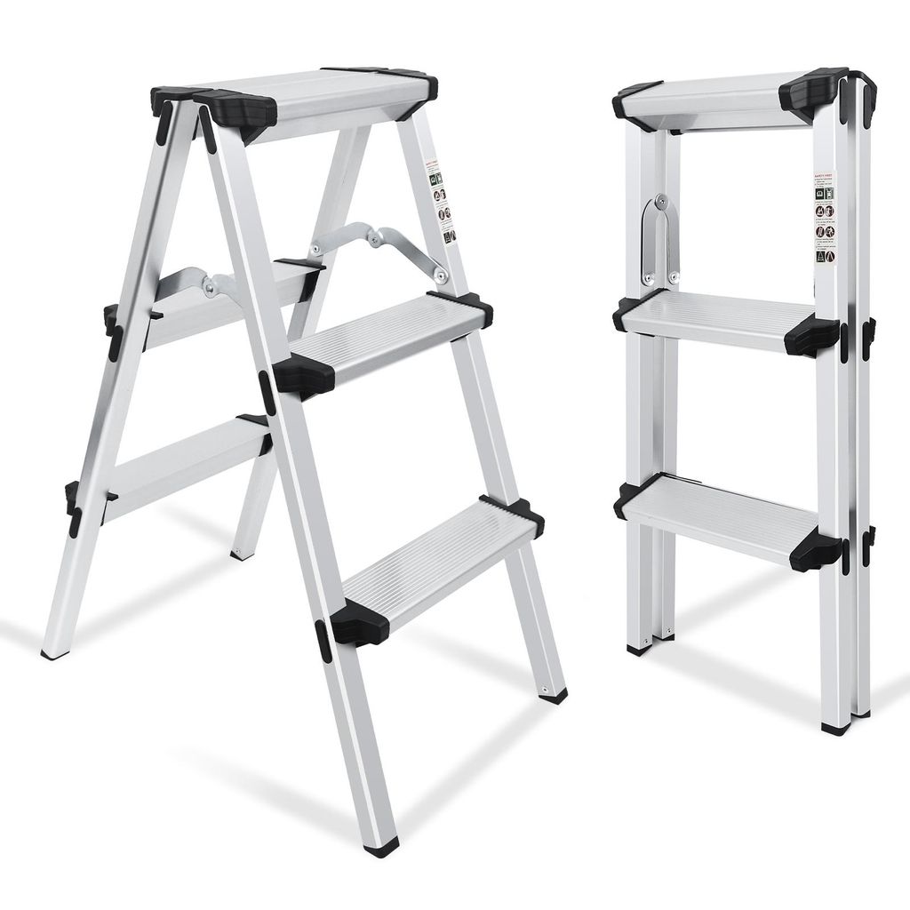 Klappleiter 3 Stufen, Alu Klapptritt, Trittleiter Anti-Rutsch Klappbar, Tragfähigkeit 150 kg, MK-Step03