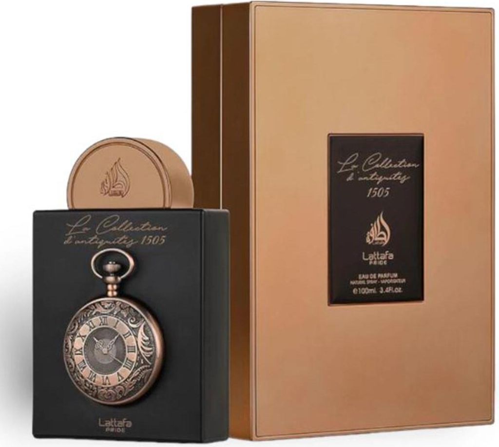 A perfume bottle and its packaging are displayed against a white background.