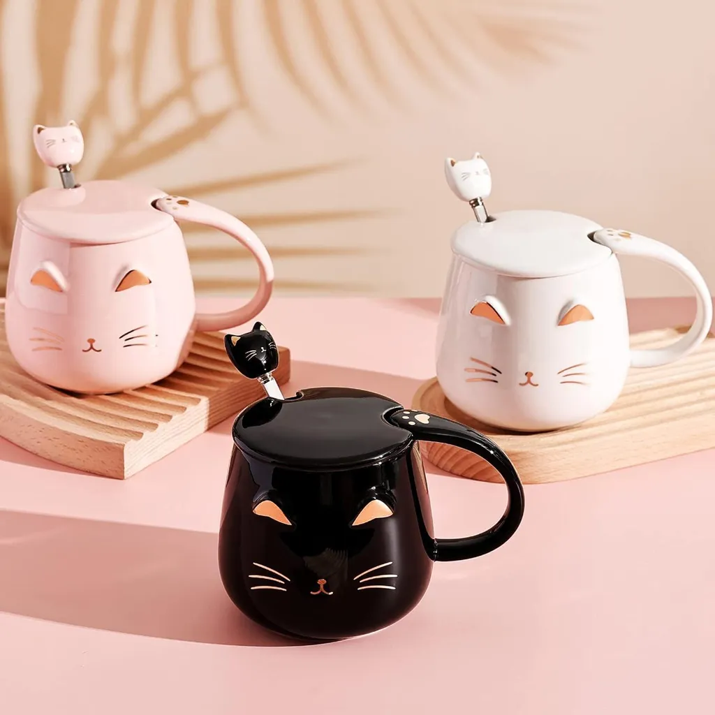 Tazza In Ceramica Con Gatto, Cucchiaio E Coperchio - 420ml, Capacità Media, Manico Grande, Per Caffè, Tè, Latte, Idea Regalo Per Ragazzi E Bambini - 4
