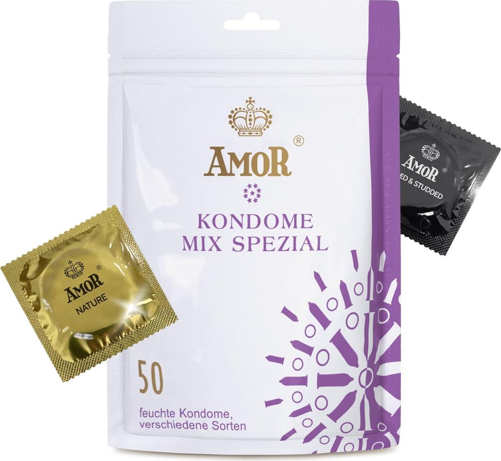 AMOR Premium Kondome Mix Special, 50 Stück, Extra Vielfalt, Probierpaket, Ø 53/54 mm