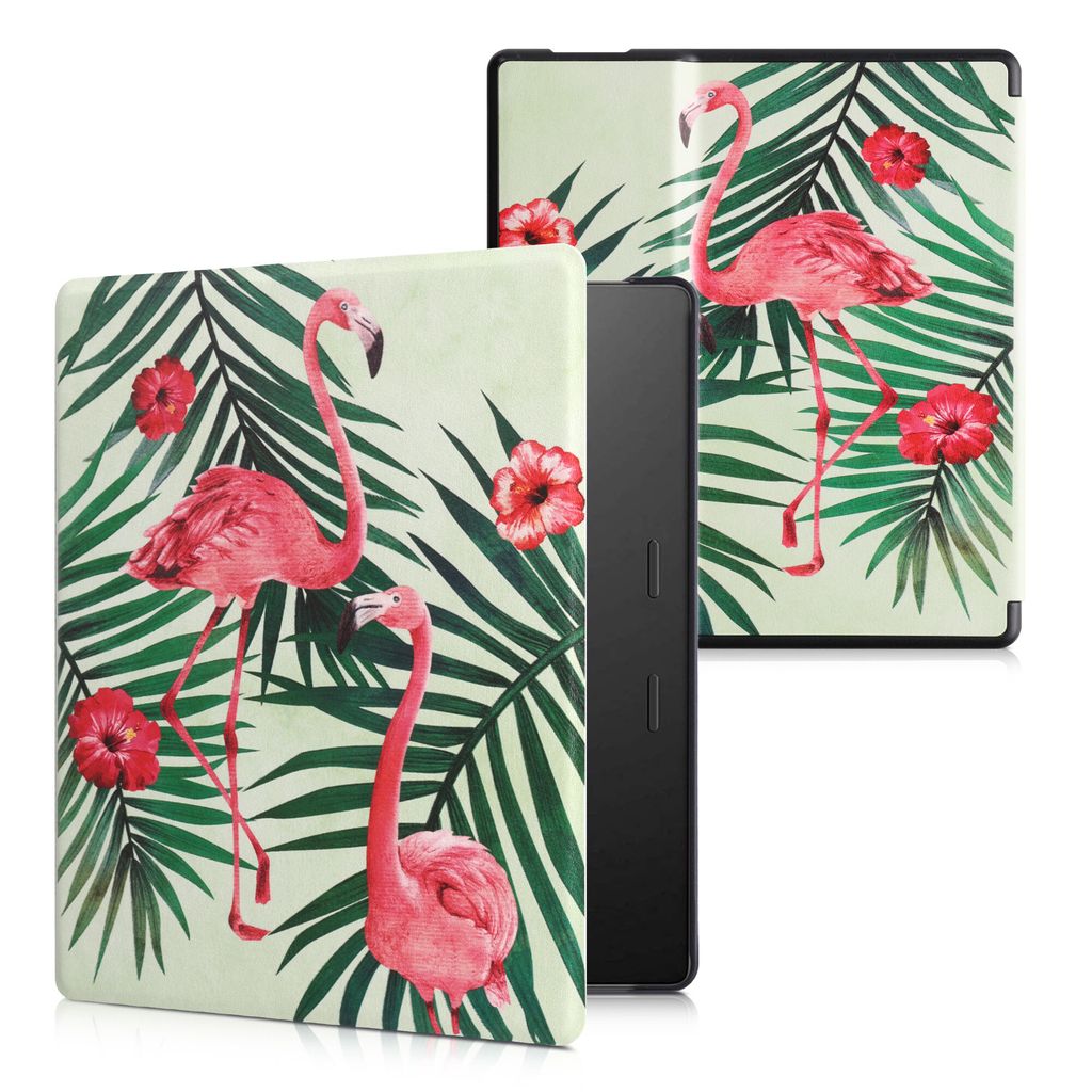 kwmobile Schutzhülle für Amazon Kindle Oasis 10. Generation Hülle - eReader Flip Case mit Auto Sleep Funktion - Flamingo Palmen mit Rosa Grün H...