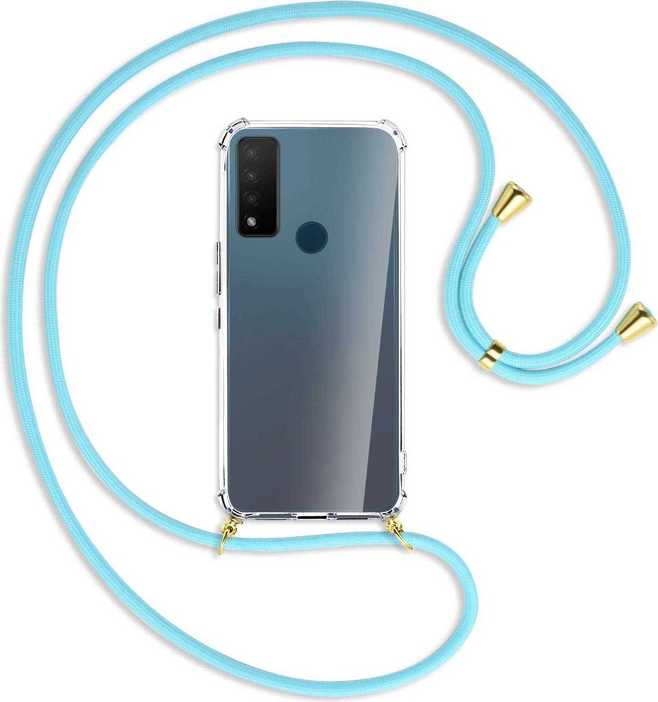 Handykette Backcover-Schutzhülle mit Band (Metall goldfarben) für TCL 20 R 5G - himmelblau