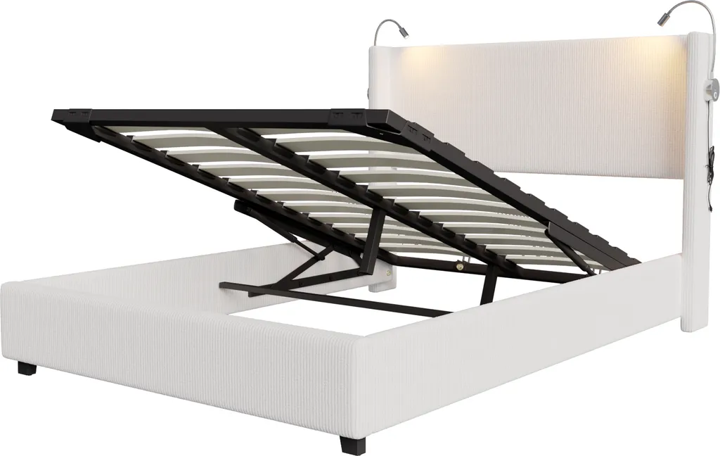 Lit de Rangement 140x200cm : Sommier Relevable et Liseuses Intégrées