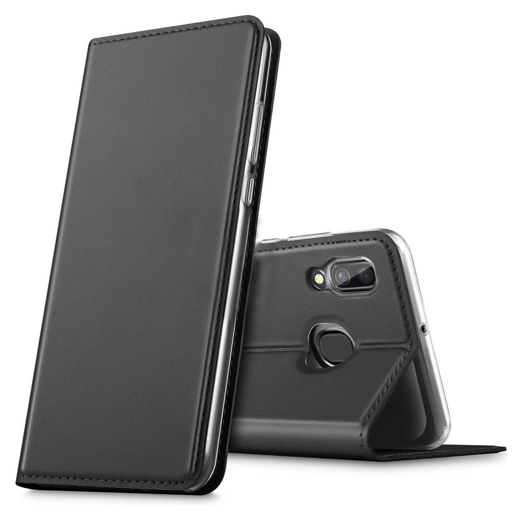 A black flip case for a smartphone is shown, with the phone inside and partially open.