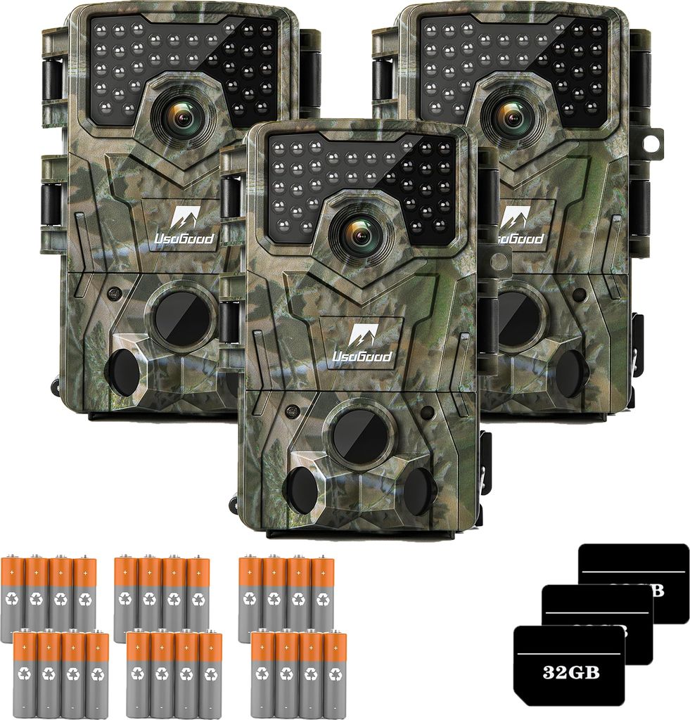 3 Stück Wildkamera 4K 36MP HD Wildtierkamera 36 Stück IR LEDs mit Bewegungsmelder Nachtsicht mit 32GB Speicherkarte, 0.2s Auslösegeschwindigkeit