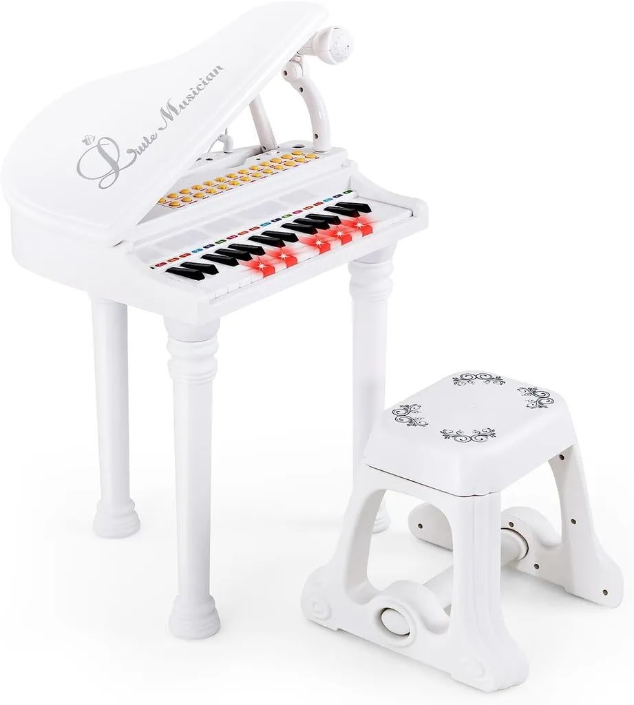 Piano Jouet Portable Blanc 35x30x55 cm avec Clavier et Siège Ergonomique