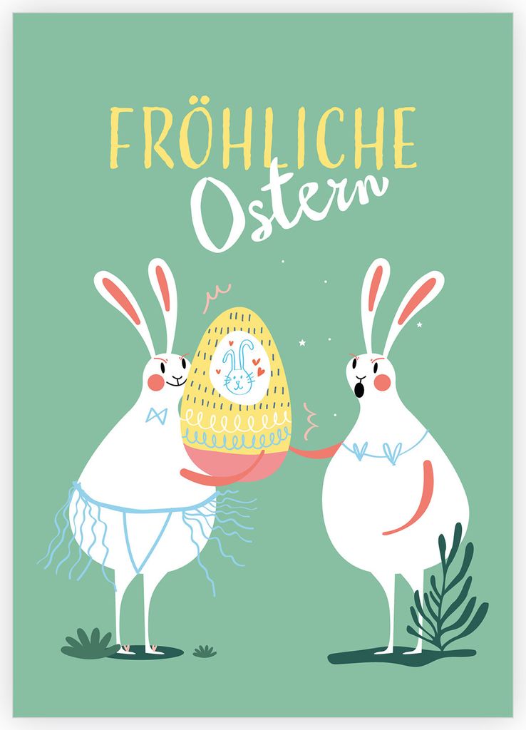 Grüne Oster Klappkarte mit lustigen Osterhasen und frischen Ostereiern