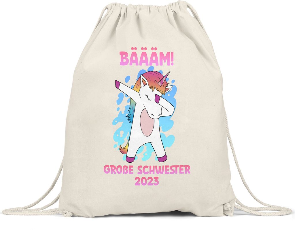 Bäääm Große Schwester 2023 Turnbeutel Gymsack Einhorn Schwangerschaft Ankündigung Babyparty Babyshower Geschwister