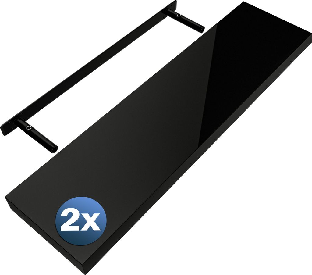 A black shelf and its mounting bracket are shown against a white background.