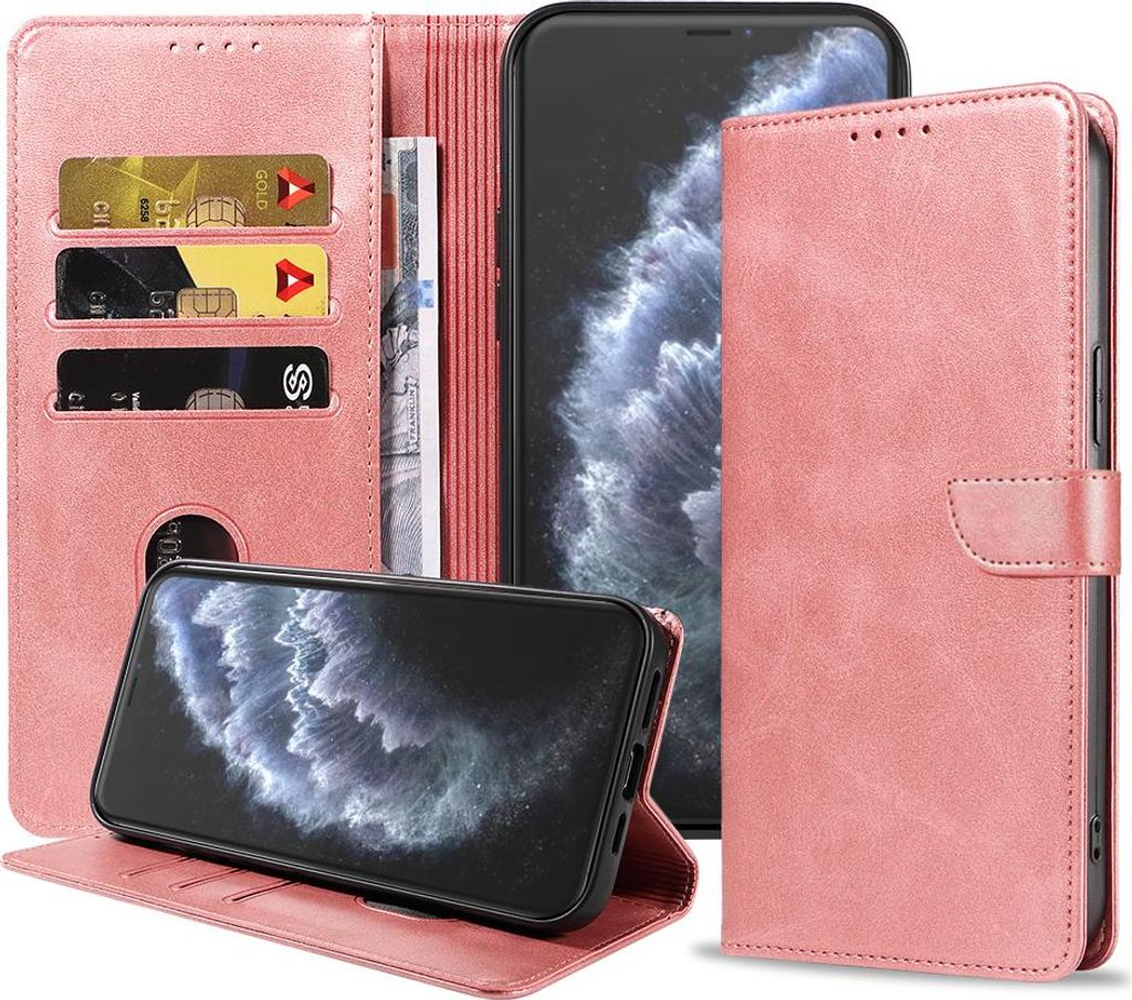 Fit für iPhone 11 Pro Max Handyhülle Kunstleder mit magnetischer Lippe und Kartenhalter Buchhülle mit Klappe - Pink - Smartphonica