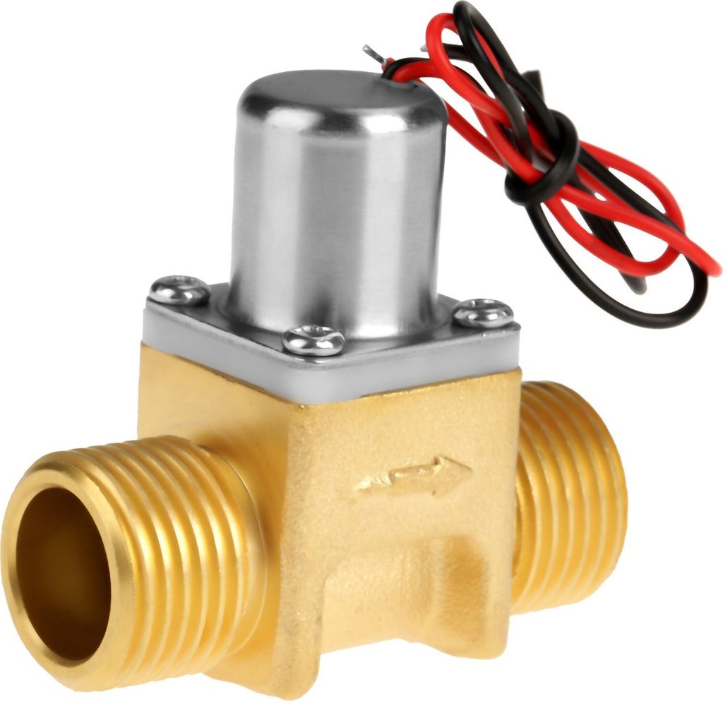 A close-up studio shot of a brass solenoid valve with electrical wires.